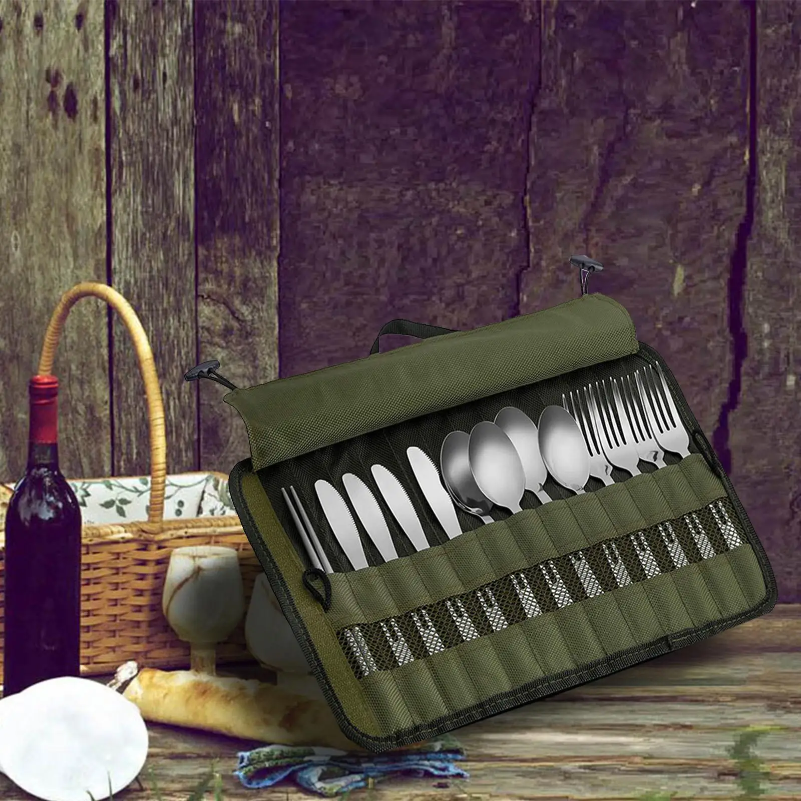 

Set of 13 Folded Portable Camping Cutlery Set with Pouch Built in Handle Fits Neatly into Travel Luggage Travel Friendly Sturdy