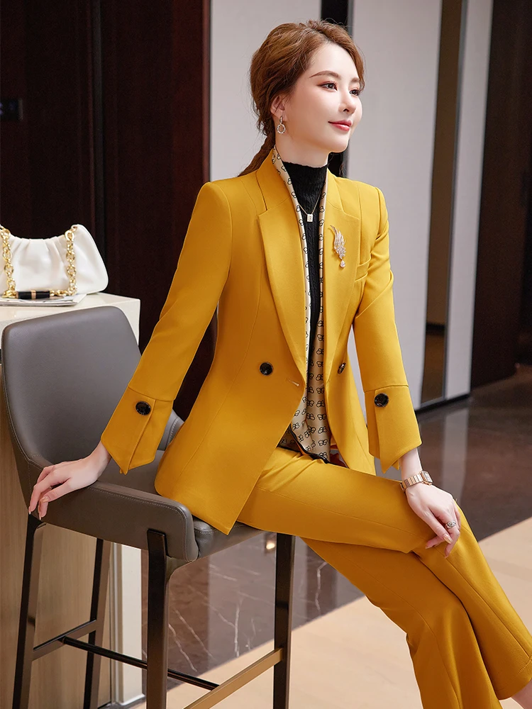 Women 2 Piece Set Office Ladies Elegant Casual Business Jackets +Split Wide Leg Pants Female Clothes Formal Blazer Pantsuits