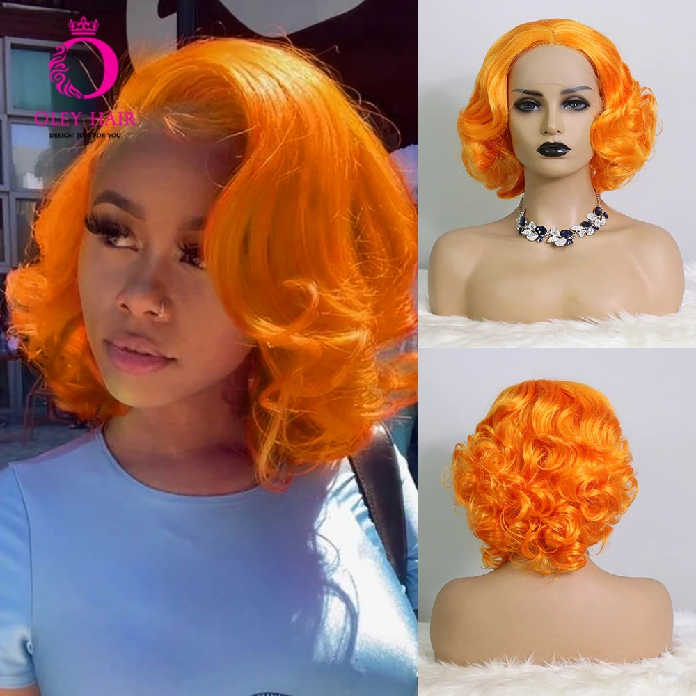 Orange Short Synthetic Lace Front Wig Loose Wave High Temperature Fiber Drag Queen/ Cosplay Wigs For Black Women Oley