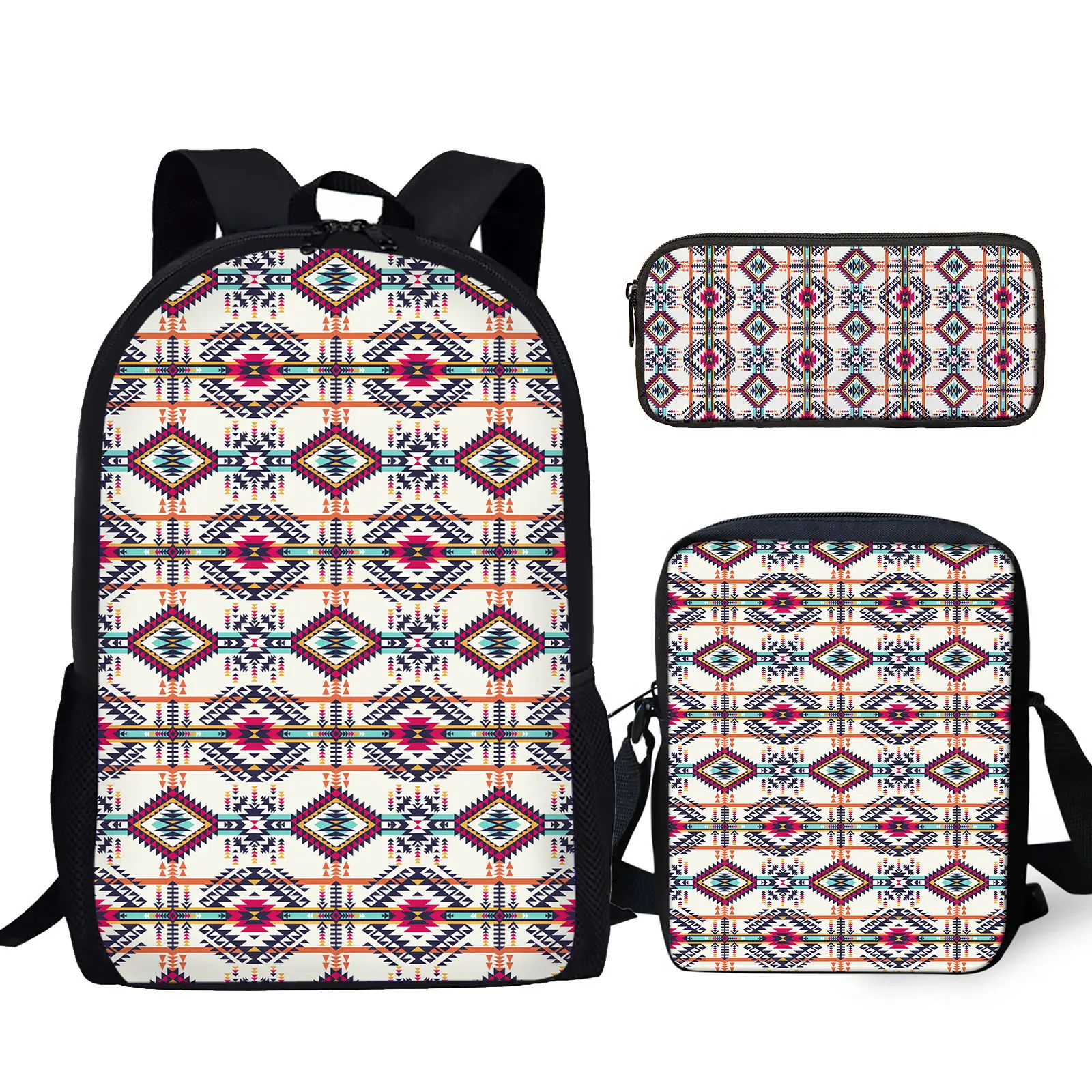 

YIKELUO Aztec Printed Durable Backpack White Zippered Messenger Bag Casual Fashion Outdoor Travel Knapsack Pencil Case Gifts