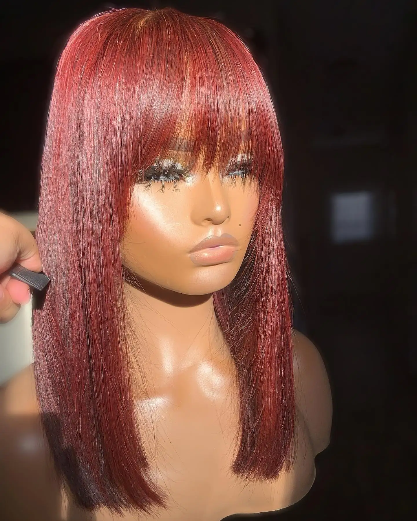 

99J Burgundy Red Short Human Hair Wig with Fringe for Women Straight Remy Hair Bob Wigs With Bangs Dark Brown Balayage Color