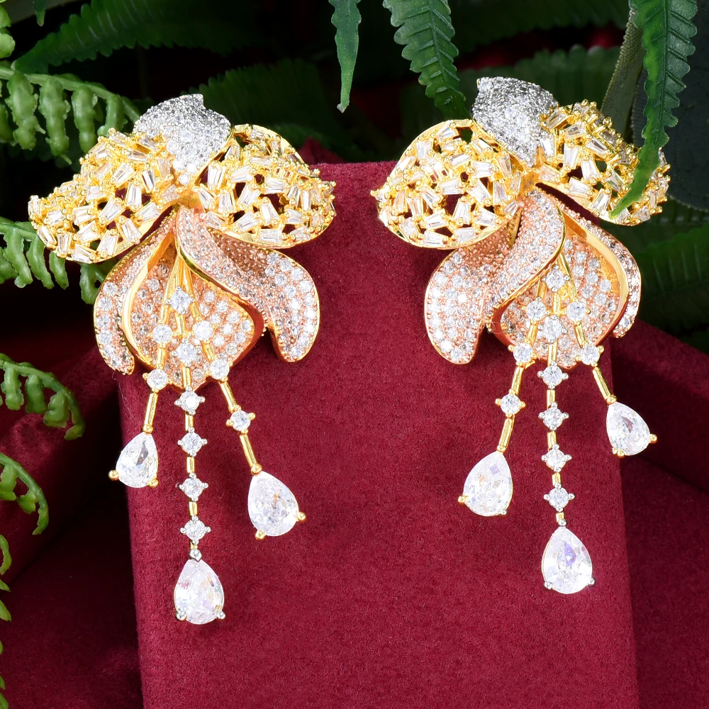 

Jimbora Original Luxury Trendy Shiny Flowers Earrings Full Mirco Paved Cubic Zircon CZ For Women Wedding Fashion Jewelry Gift