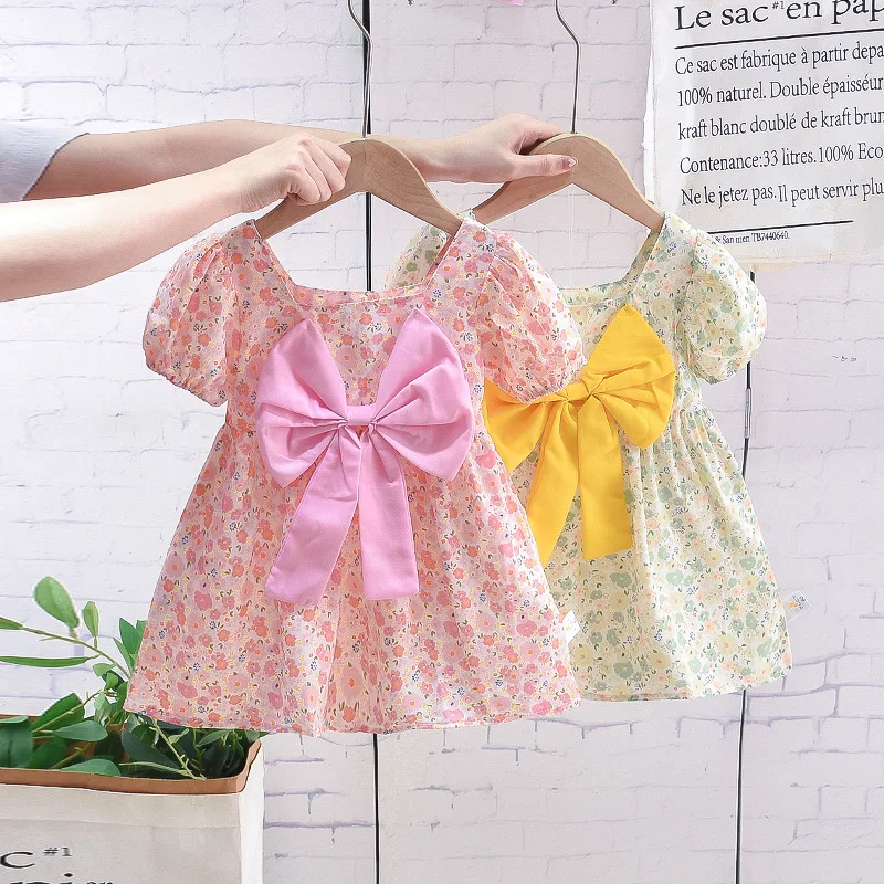 

New Summer Children Girls Sweet Floral Dress Baby Toddler Square Neck Bubble Sleeve Dress with Bow Kids Infant Fashion Clothing