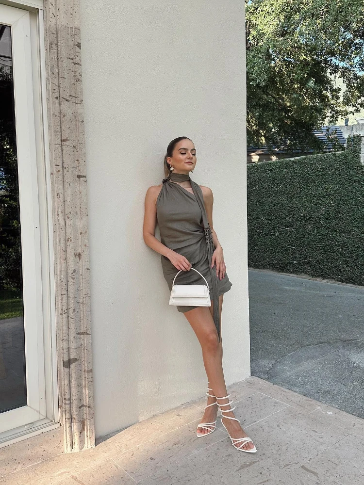 

Woman Dress Sling Party Outfit Single Shoulder Sleeve Night Dress Womensexy Slim Fit Sexy Clothes Solid Women Summer Clothes