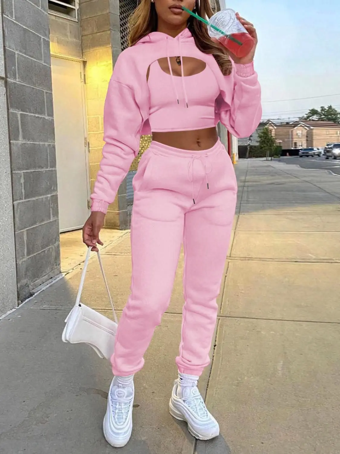 

Модный однотонный женский костюм из трех предметов, повседневный облегающий костюм-тройка для фитнеса и занятий спортом на открытом воздухе, 2023