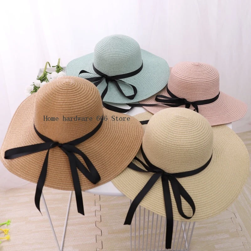 

1pc 2022 New Simple Foldable Wide Brim Floppy Girls Straw Hat Sun Hat Beach Women Summer Hat UV Protect Travel Cap Lady Cap Fema