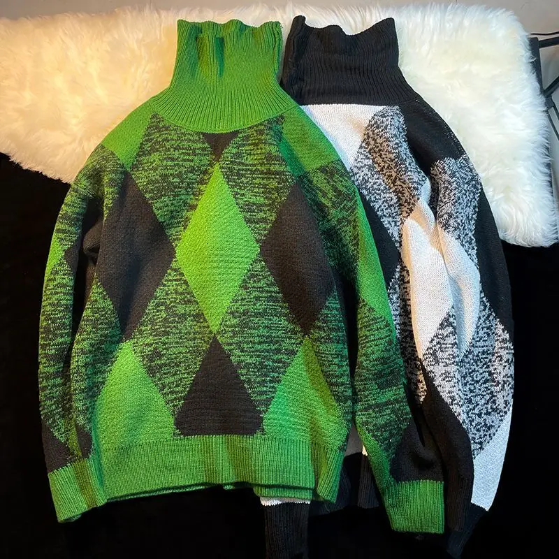 EBAIHUI Men's High Neck Sweater Loose Autumn Base Knitted Color Blocked Checkered Sweaters Long Sleeved Male's Pullover Tops