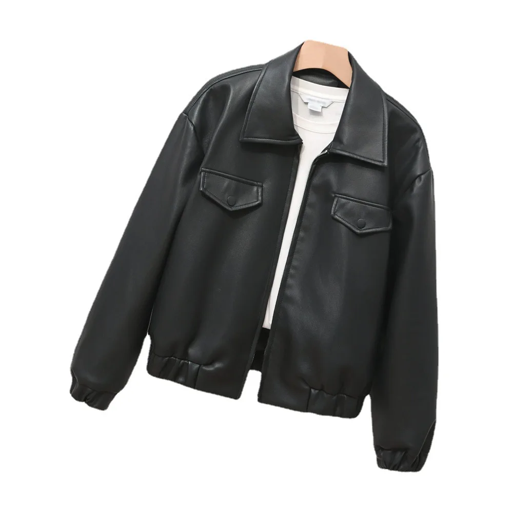 2023 Spring lapel women's loose soft leather clothes threaded cuffs hem leather jacket hidden pocket