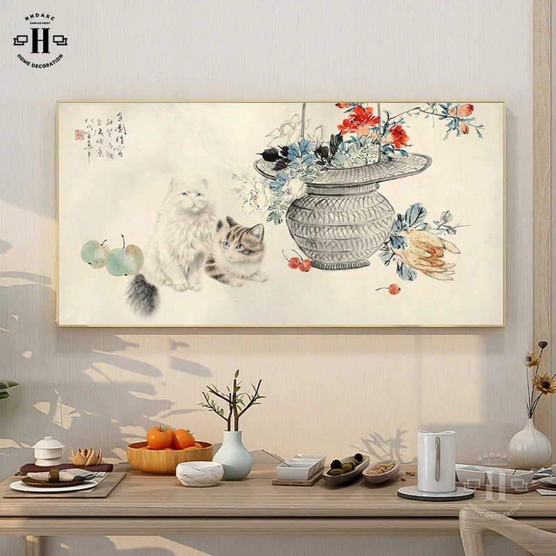 

New Chinese Style Canvas Print Animal Cats Flowers Wall Picture Poster Painting Art Tearoom Living Room Porch Home Decor