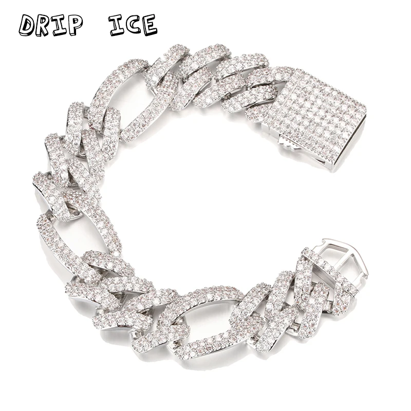 

18MM Fashion Full AAA Cubic Zircon 3:1 Figaro Chain Gold Color Hip Hop Men and Women Cuban Bracelets Jewelry For Gift