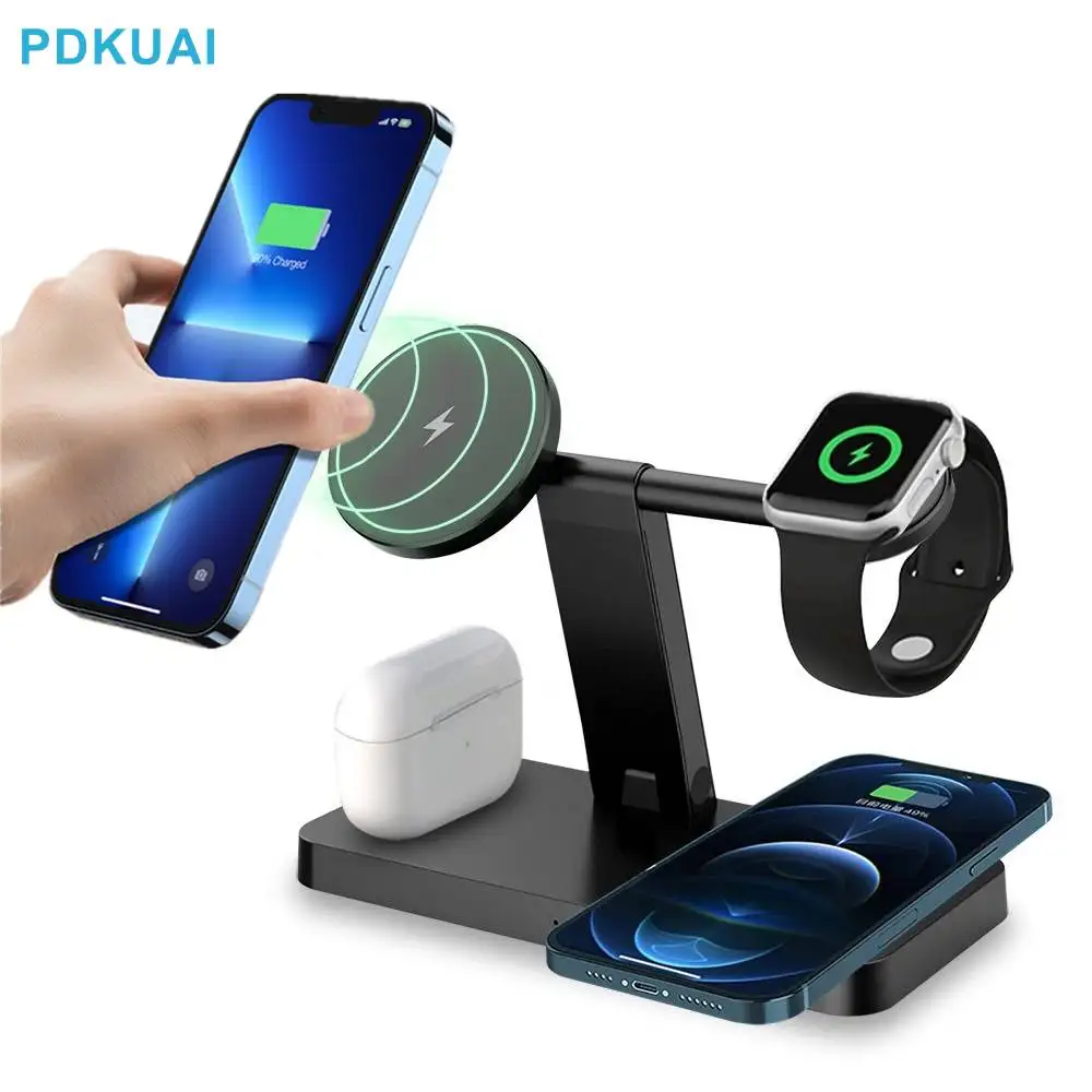 

Магнитная Беспроводная зарядная подставка 3 в 1 37 Вт для iPhone 14 13 12 11 8 Pro Max Airpods Pro Apple Watch 7 6 SE быстрая зарядная станция