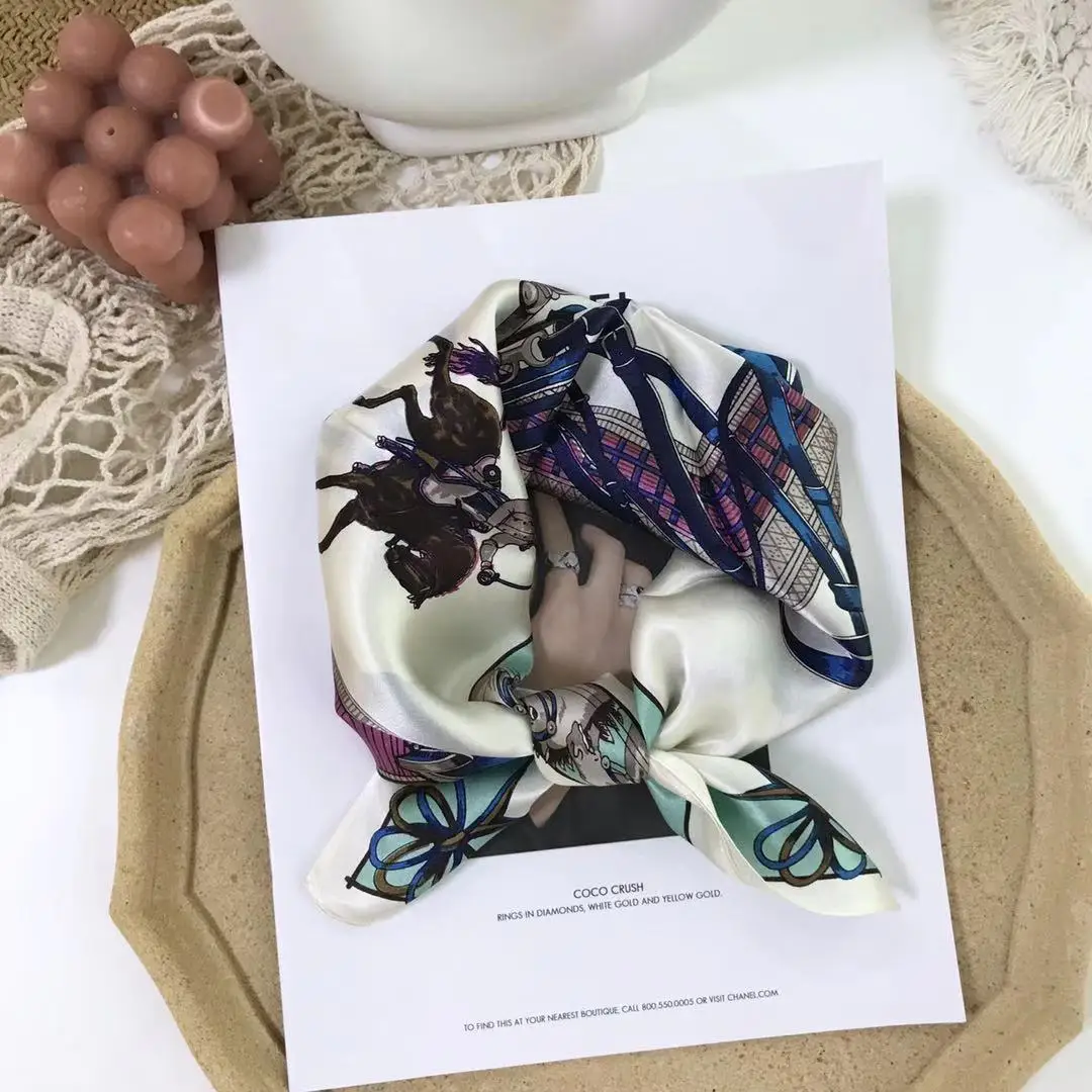 

VIVI 100% Pure Silk Scarf Women Tower Print Square Scarves Small Head Handkerchief Silk Foulards Wholesale Hijab Wraps 53CM