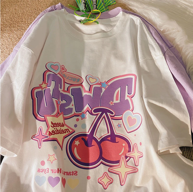 

Y2k T-shirts Woman Clothing Cartoon Print Women T shirt Harajuku Y2K Tshirt Girls Casual Short Sleeve Tops Cute Oversized Tee