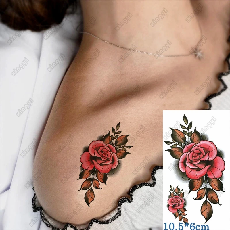 

Водостойкая Временная тату-наклейка, розовые пионы, листья розы, Детская переводная татуировка на руку и запястье, искусственная татуировк...