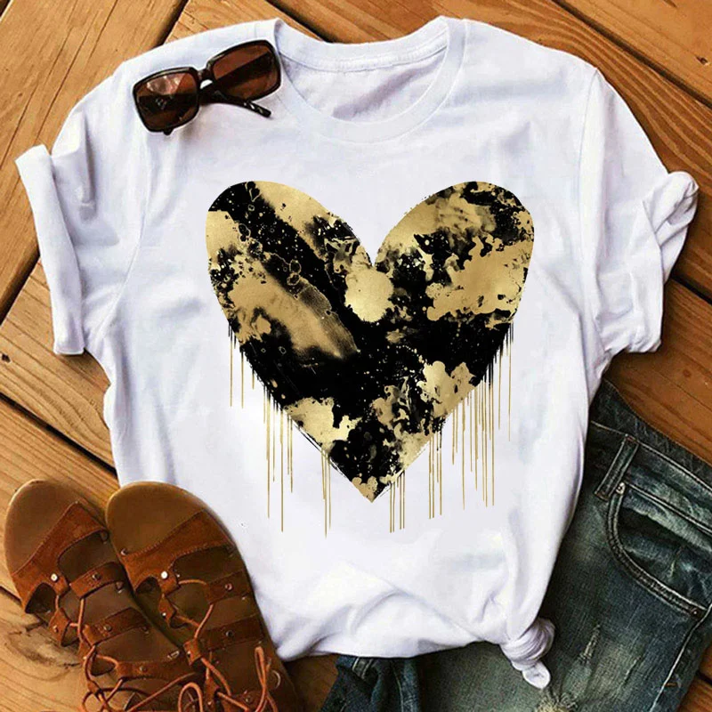 

Women T Shirt Big Hearted Black and Gold Printed Tops Tee Female Summer Casual Cute Graphic T-shirt Women Short Sleeve T-shirts