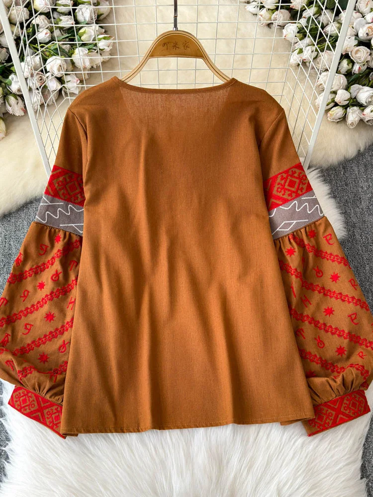 EWQ винтажный стиль дизайн вышивки женская блузка на шнуровке воротник-фонарики