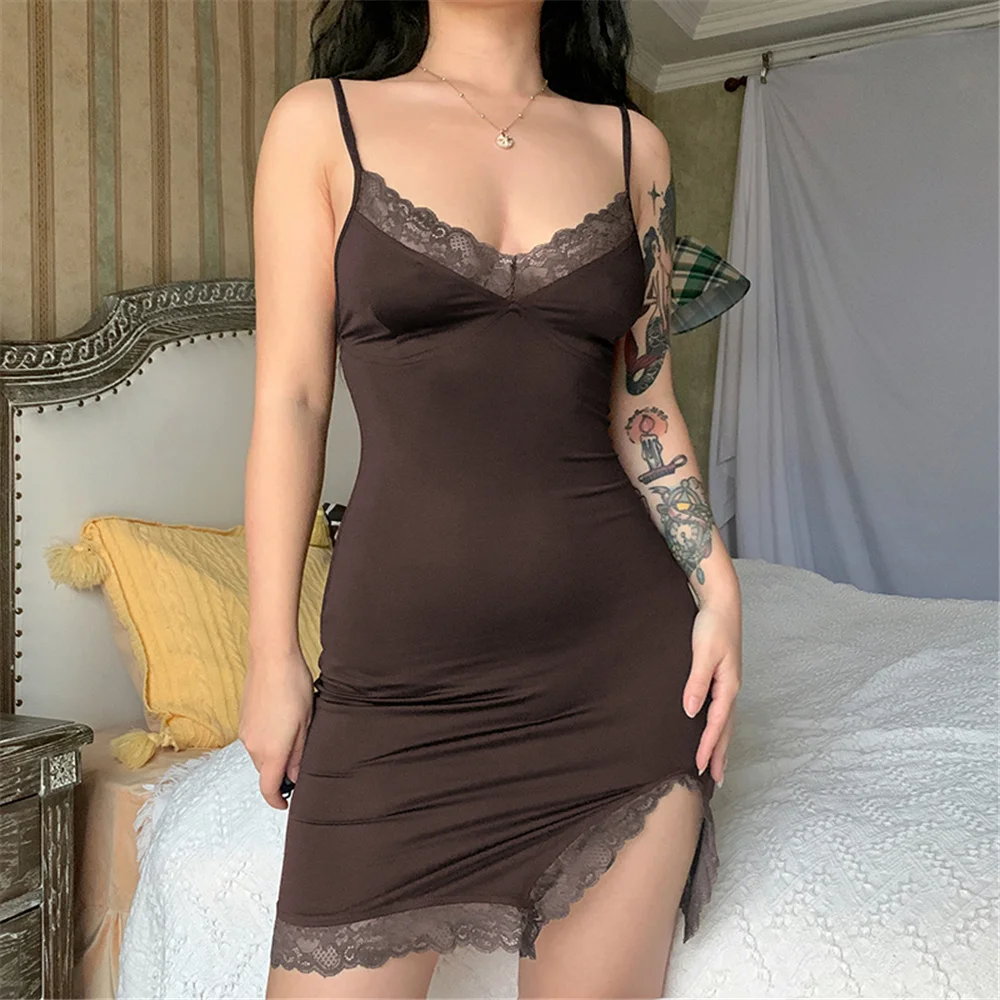 

Women Sexy Spaghetti Strap Lace Bodycon Dress Sleeveless Solid Color Slim Fit V-Neck Split Hem Mini Dress Summer Clothes 2022