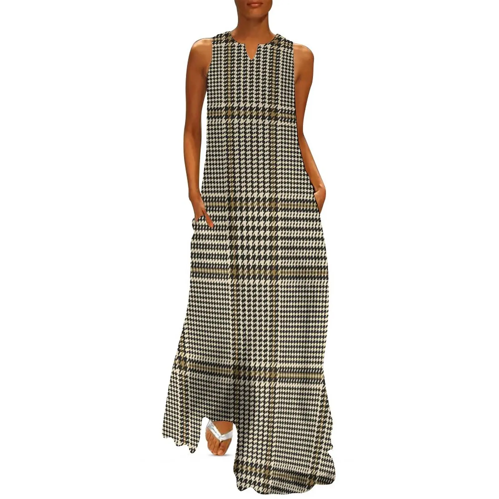 

Houndstooth Dress Vintage Plaid Print Vintage Maxi Dress Streetwear Boho Beach Long Dresses Summer V Neck Clothes Big Size 5XL