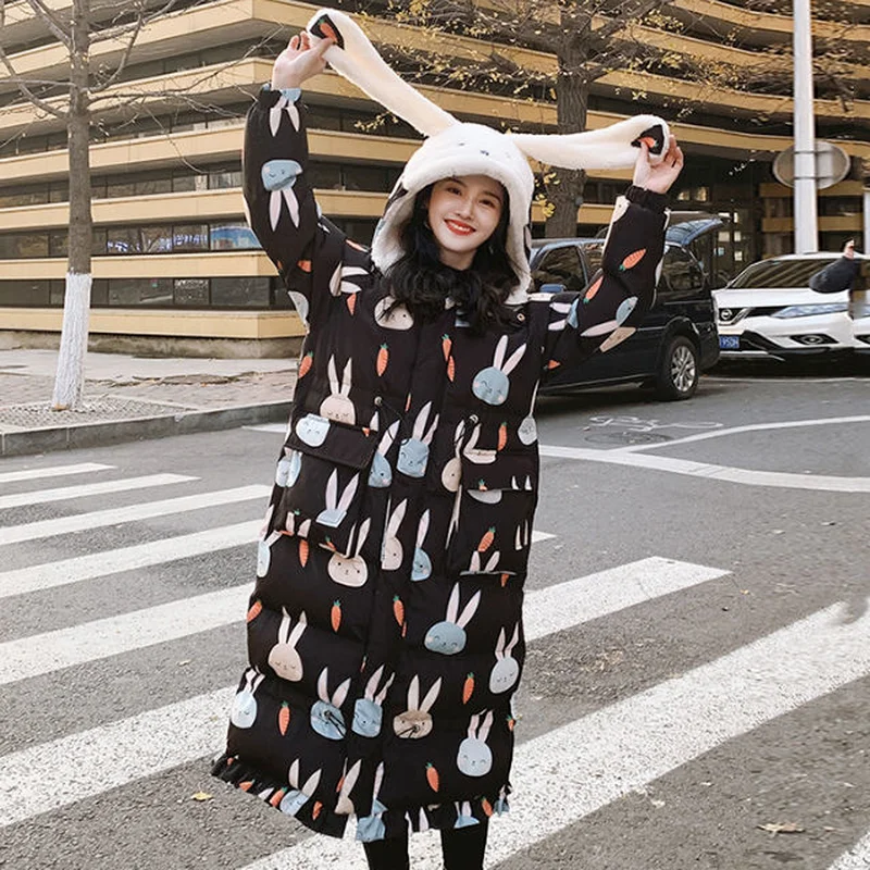 Cute Rabbit Ears Cotton-padded Jacket Women's New Over-the-knee Korean Loose Mid-length Thick Fishtail Cotton-padded Jacket