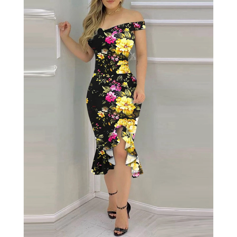 

2023 Summer Women Off the Shoulder Ruffle Hem Slit Bodycon Dress Party Femme Lady Floral Print Sexy Fashion Slim Fit Dresses