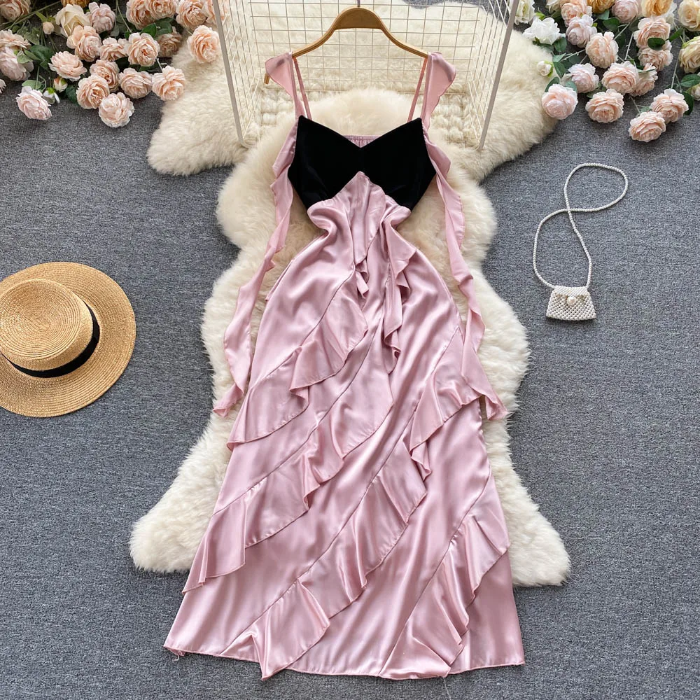 

High grade color contrast temperament suspender stunning long with waist and ruffle for French Dresses