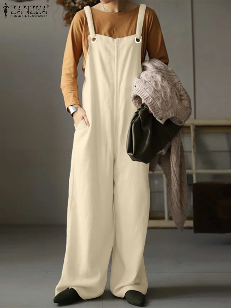 

Комбинезон ZANZEA женский винтажный с широкими штанинами, повседневный однотонный свободный Ромпер из хлопка и льна, большие размеры, весна-ос...