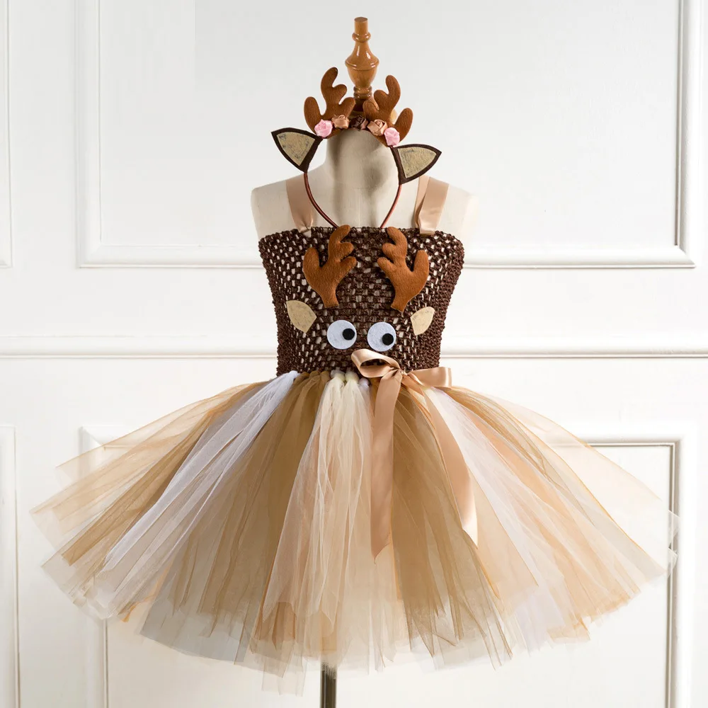 

Brown Deer Tutu Dress for Girls Christmas Halloween Costume Kids Reindeer Princess Dresses For Kids Easter Tutu Costume