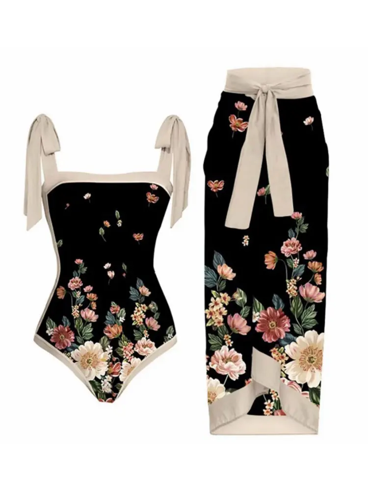 

НОВЫЕ комплекты бикини с винтажным цветочным принтом, Цельный купальник с юбкой, накидка, пляжный купальный костюм, роскошный элегантный бразильский купальник