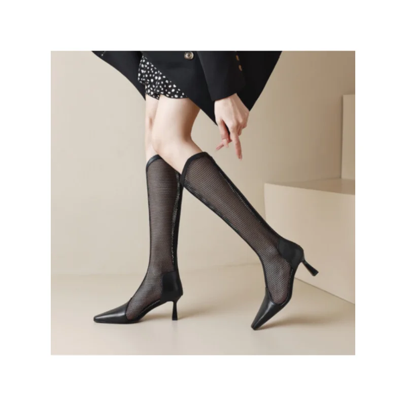2023 Spring and Summer Square Head Thin Heel Hollow High Tube Mesh Boots Mesh High Heel Genuine Leather Women's Cool Boots