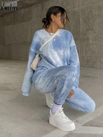 winter matching sets women 2022 new tie dyed tracksuits long sleeve sweatshirts loose pants set casual two pieces cotton outfits