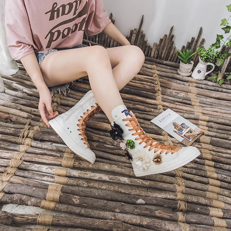 

Handmade custom flower belt mid-tube shoes comfortable casual canvas shoes flat zipper walking shoes 35-43