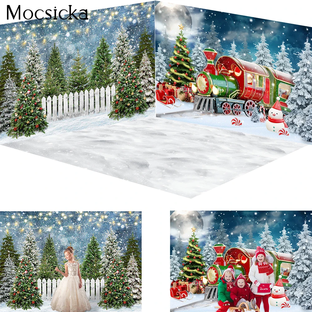 

Winter Christmas Eve Baby Photography Backdrop Red Train Snowman Xmas Tree Snowflake Forest Light Background Photobooth Studio