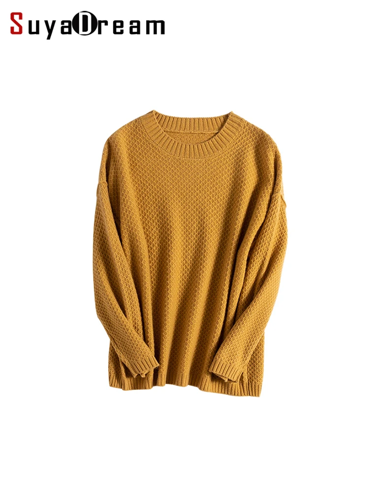 SuyaDream Women's 100%Merino Wool O Neck Loose Pullovers 2022 Autumn Winter Heavy Sweaters Gold