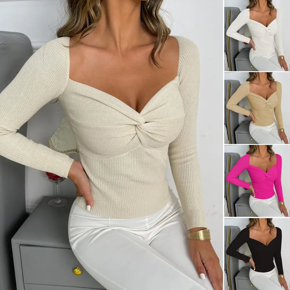 

Женский топ с квадратным воротником и длинным рукавом, вязаная блузка с запахом на груди, однотонный облегающий пуловер на осень и зиму, трикотажная уличная одежда