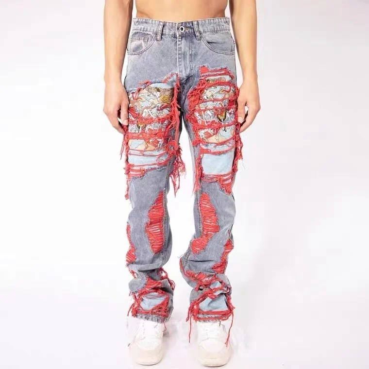 

High Street Hip Hop Destroy Brushed Embroidered Baggy Jeans Casual Straight Leg Denim Pants Man Women