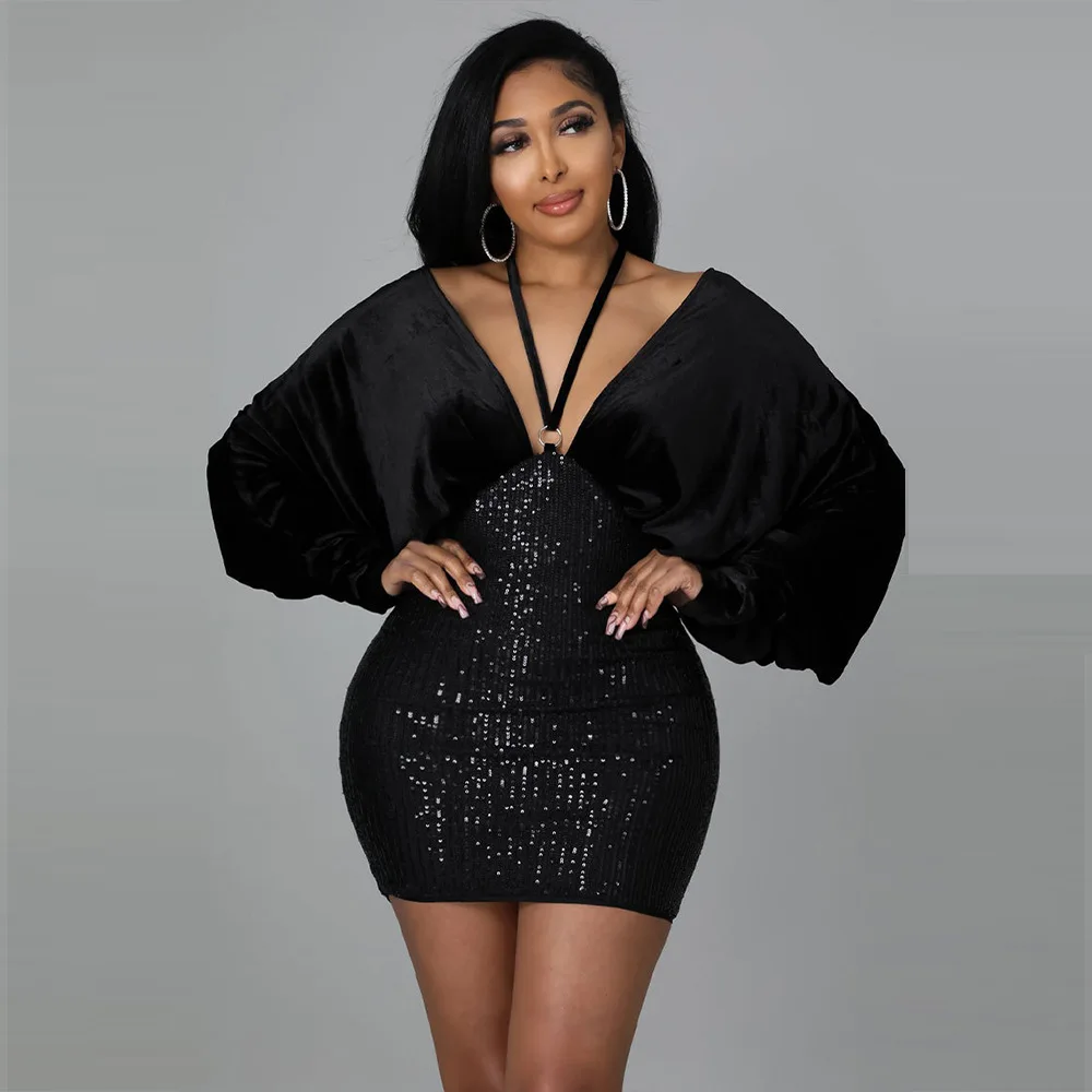 Women Sequined Evening Dress Deep V-neck Puff Long Sleeve Slim Party Dress Sexy Fashion Mini Nightclub Dresses