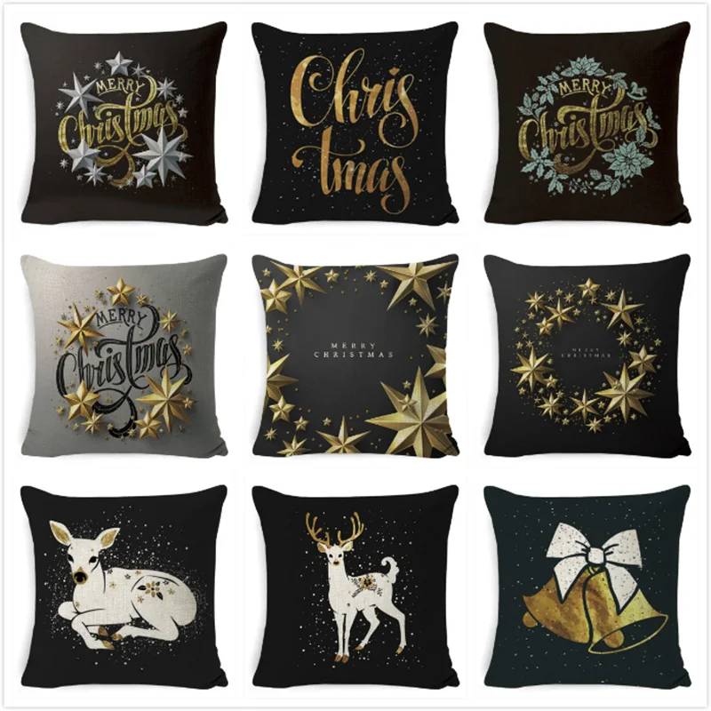 

Christmas Cushion Cover Golden Black White Decorative Pillow Case kussensloop Home Decorative Throw Pillowcase 45*45cm