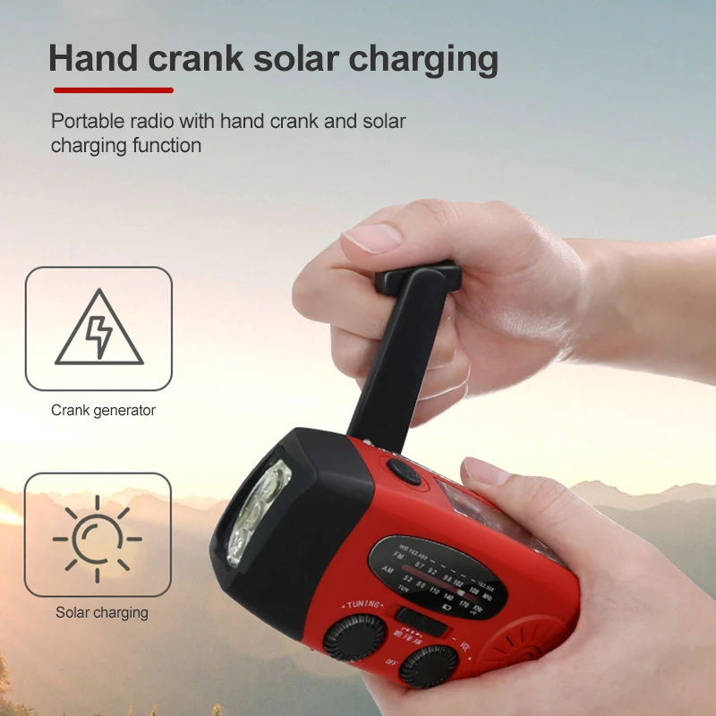 

Multifunctional Hand Solar Emergency Radio Crank Dynamo Powered AM/FM/NOAA Weather Radio With LED Flashlight Power Bank