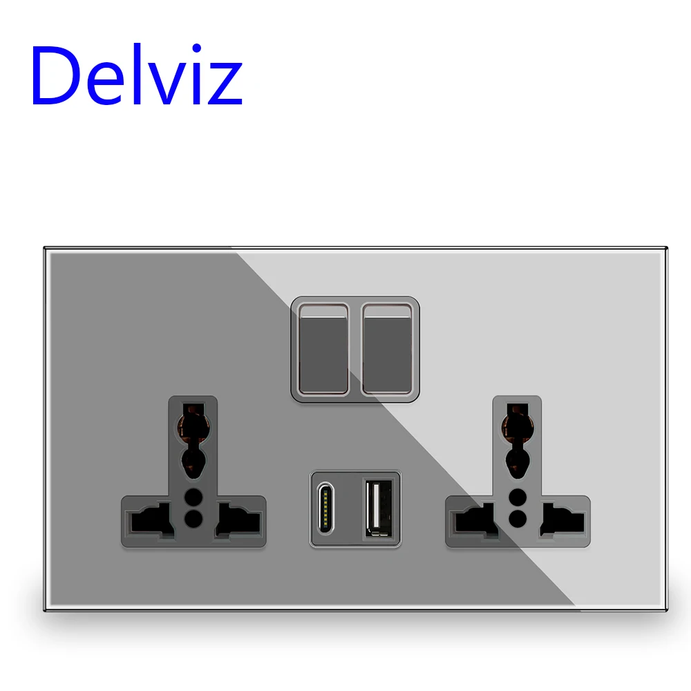 

Delviz Wall 5V Type-C USB Ports, 18W 3A Quick charge, Dual Switch control Universal Power Outlet, Crystal glass Universal Socket