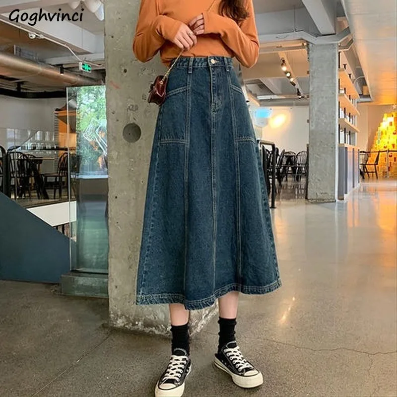 

Hot Sale 5XL Denim Blue Patchwork Women Skirts Vintage Fashion All-match Empire A-line Korean Style Retro Loose Button Chic Ins