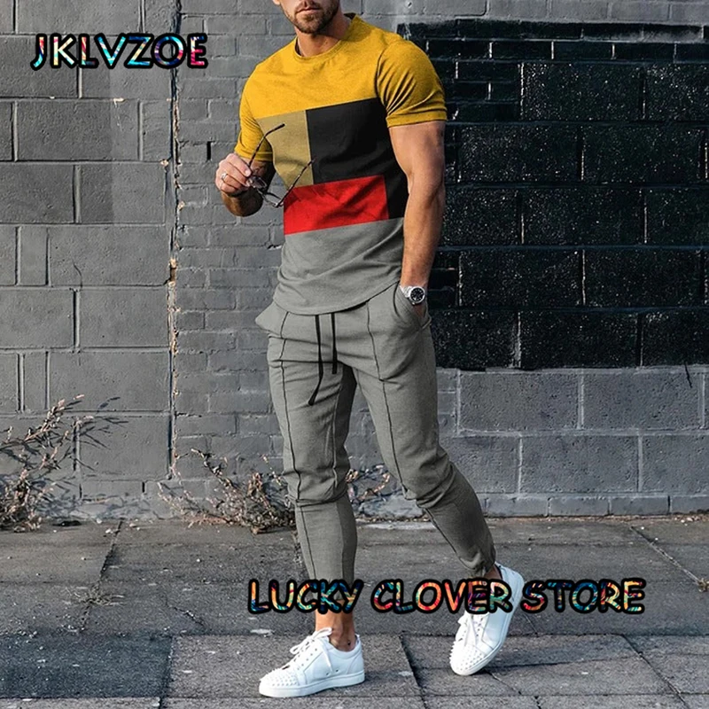 Summer Retro Suit Print Men Round Neck Trousers 2 Pieces Sets Tracksuit T-shirts +long Pants Trend Jogging Sportwear Clothing