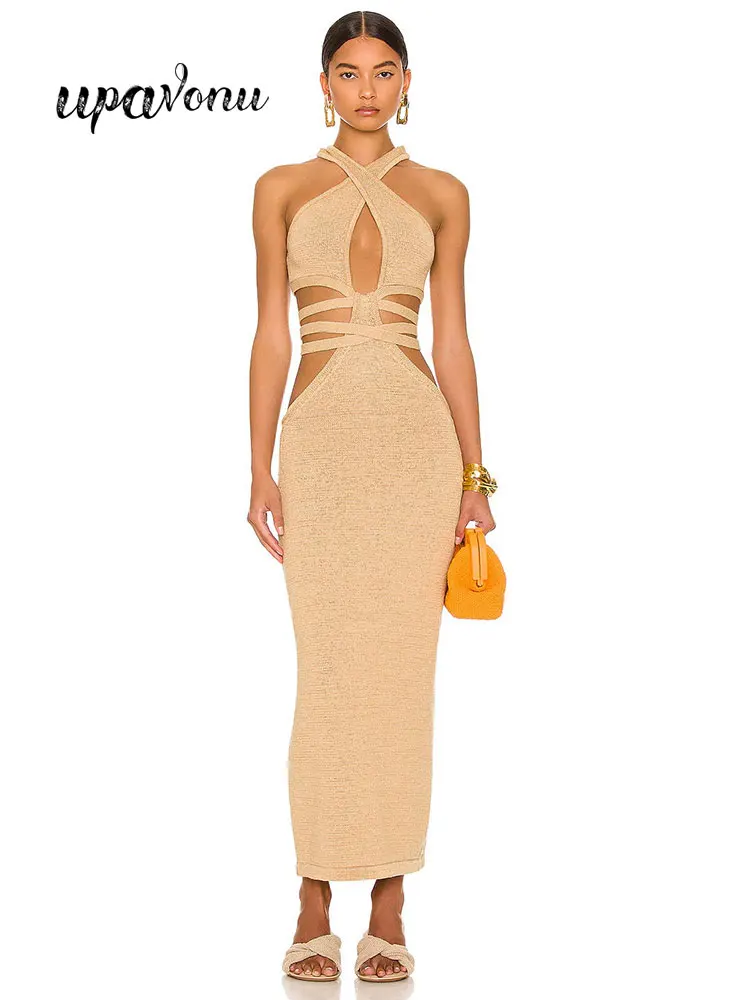 

Sexy Bandage Dresses Women's 2022 Summer O-Neck Sleeveless Hollow out Bodycon Backless Lace up Long Dress Evening Party Vesidos