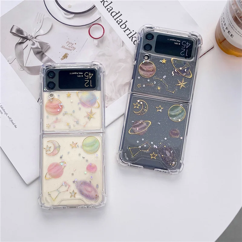 

For Samsung Galaxy Z Flip 3 5G Clear Transparent Stars Moon Planet Case Shockproof Bling Glitter Fundas Case