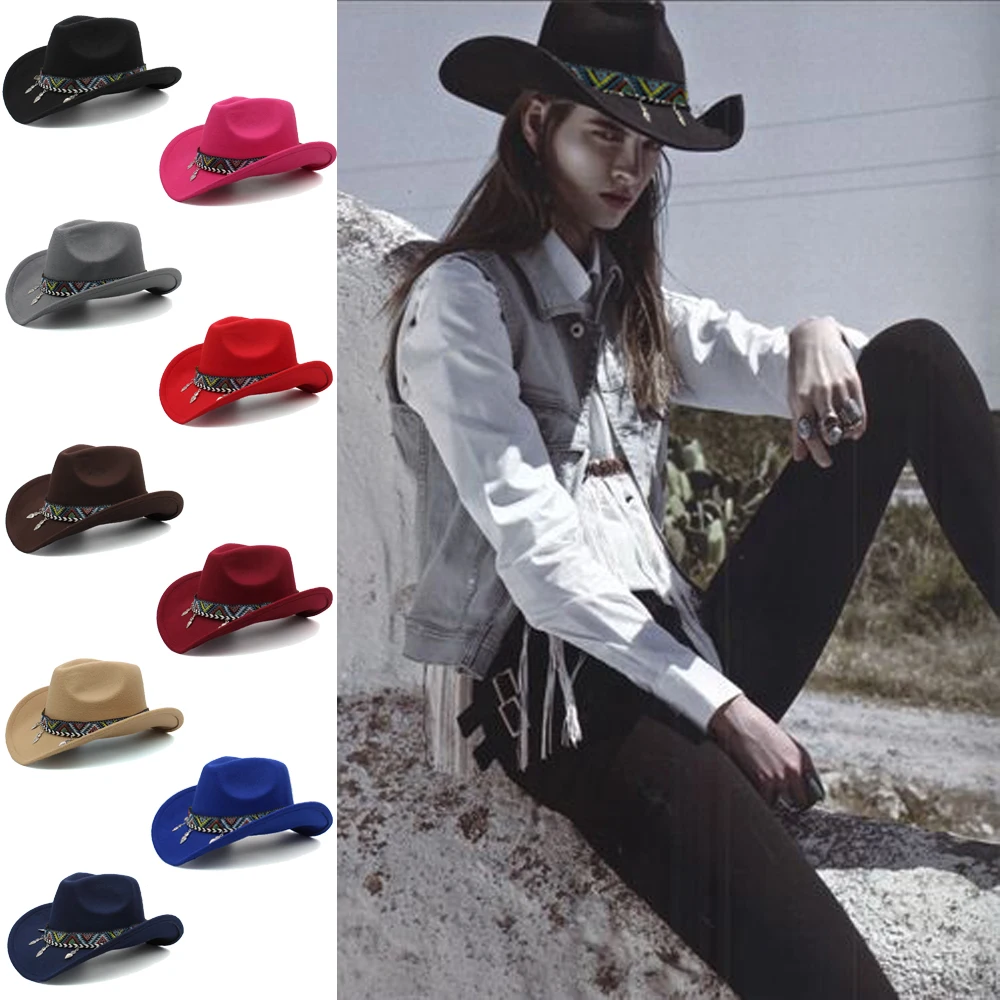 

3 Sizes Parent-child Men Women Kids Children Woolen Western Cowboy Hat Wide Brim Sunhat Party Travel Outdoor Cap Classical Retro