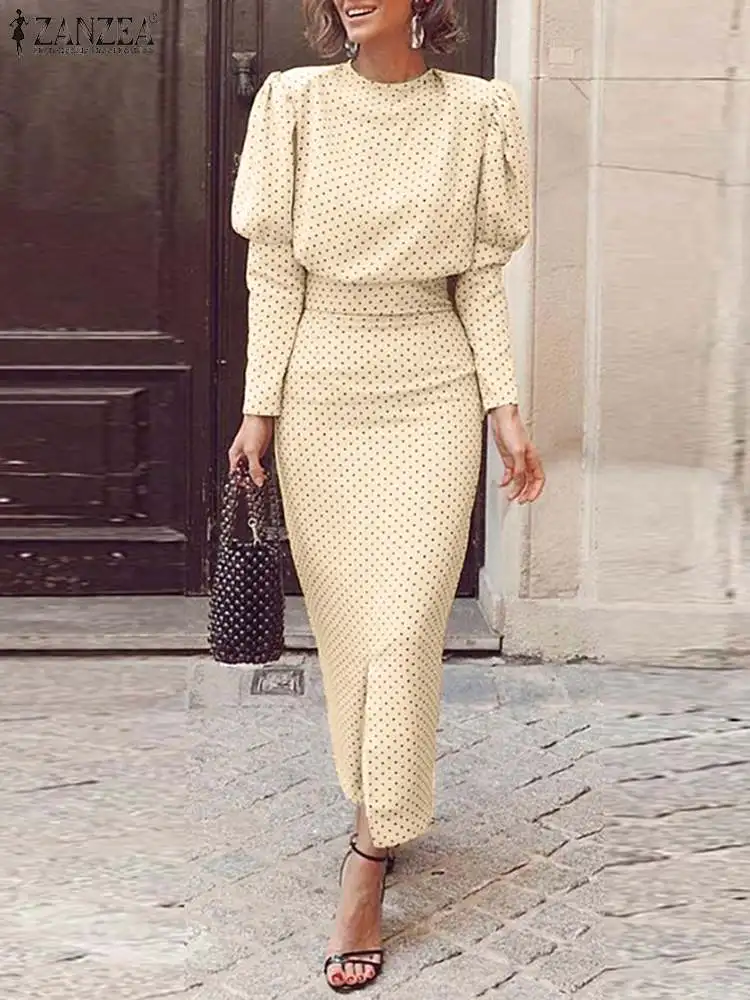 

Oversized Bohemian Women Polka Dots Dress ZANZEA Fashion OL Puff Sleeve Maxi Long Vestido Casual Party Sundress Robe Longue 2022