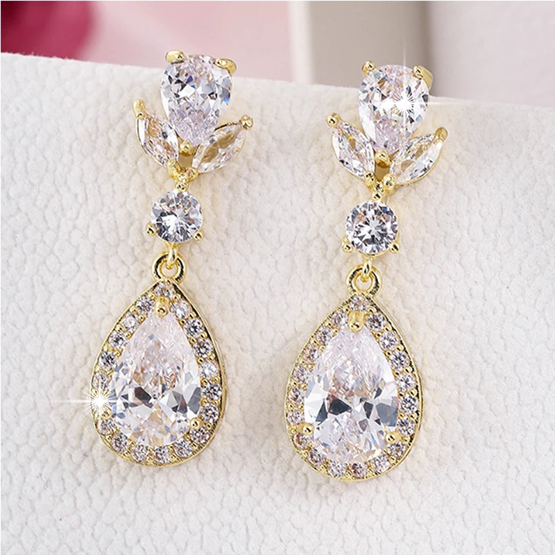 

Fashion Hot New Gold Drop Earrings Cubic Zirconia High Quality Wedding Accessories Free Shipping Women Crystal Jewelry Wholesale