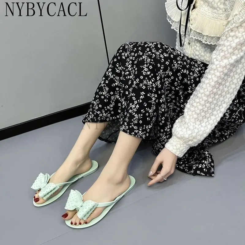 

2023 New Rivet Bowknot Flip-flops Summer Orange Female Outing Plus Size Sandals And Slippers Jelly Crystal Fashion Shoes