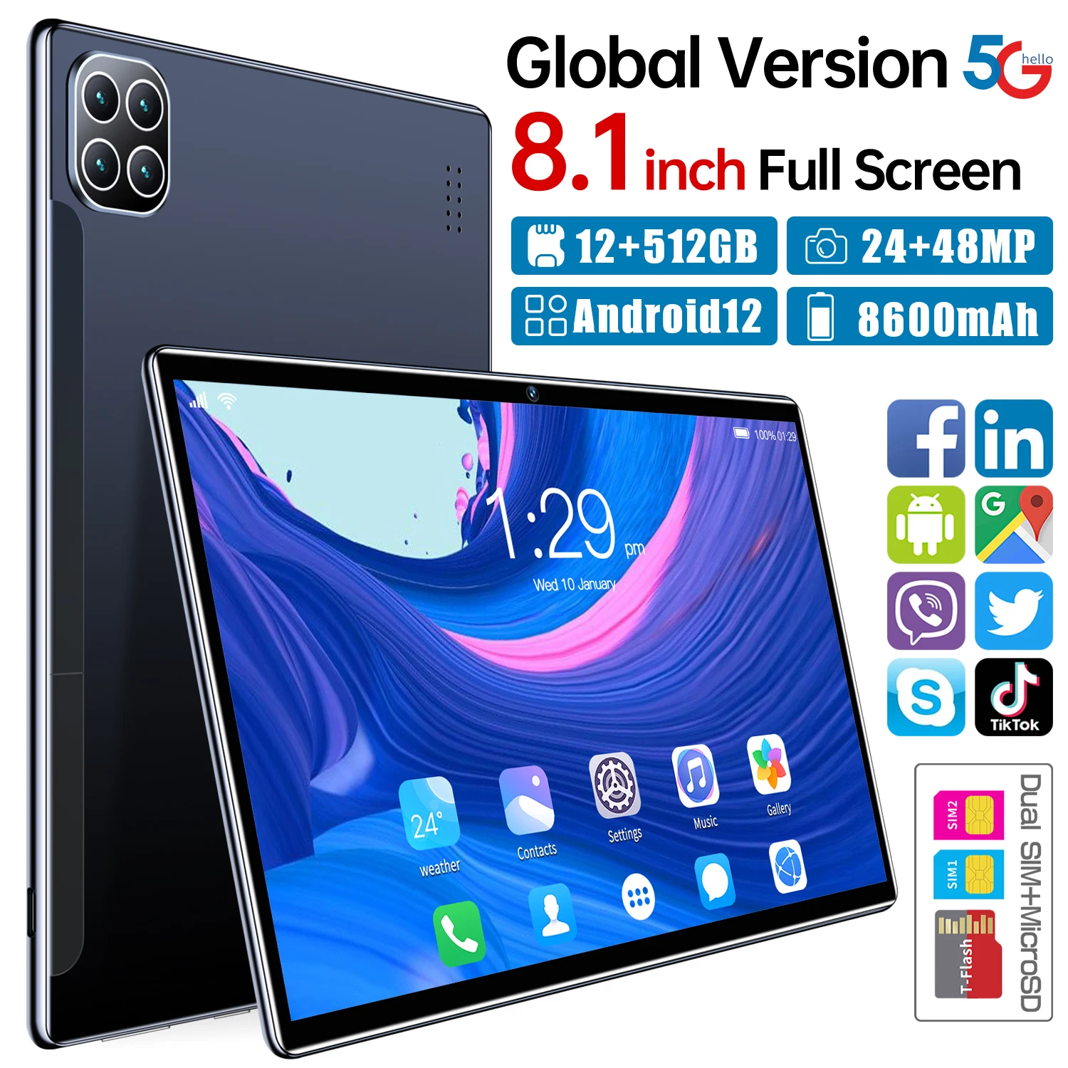 

2022 New 8.1" Android 12 Tablet Octa Core 12GB RAM 512GB ROM 5G Network AI Speed-up Tablets Dual SIM Cards Wifi GPS Type-C