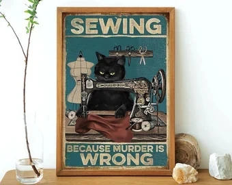 Ваша швейная машина Картина на холсте забавный Черный кот и постер для шитья
