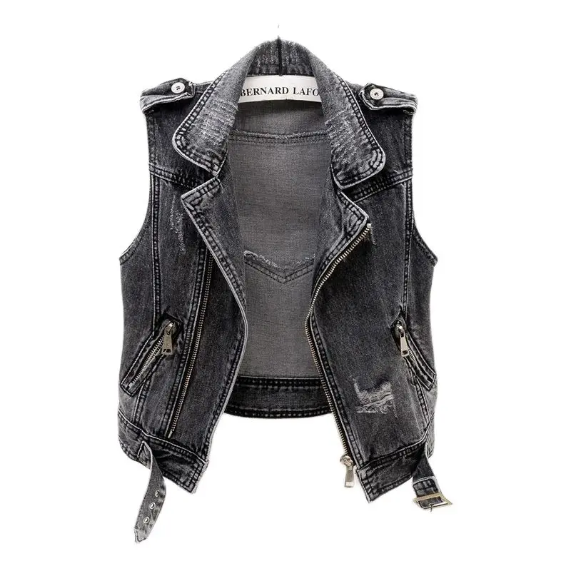 

Denim Vest Female Spring Autumn Sleeveless Wild Tops Short Jacket Women Smoky Gray Jean Cowboy Hole Ripped Loose Girls Coat